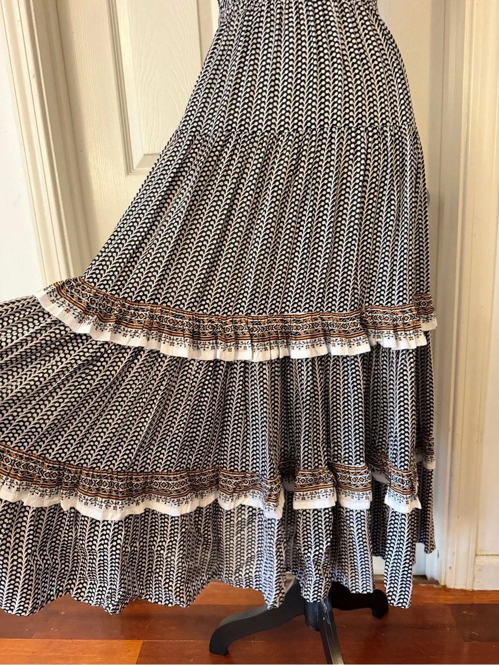 Tiered Black & White Printed Midi Skirt